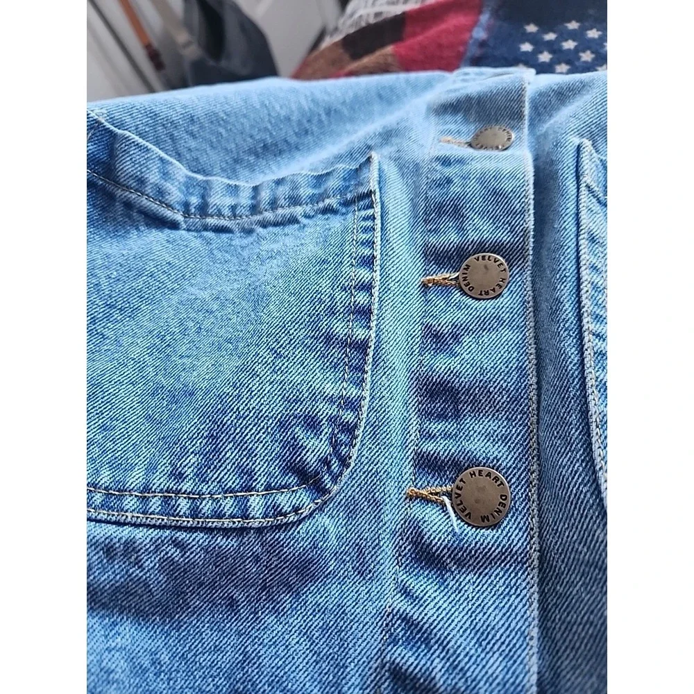 Vtg Velvet Heart 100% Cotton Denim Button Up Dress Puff Sleeve Pockets Y2k  S/M - Picture 11 of 13